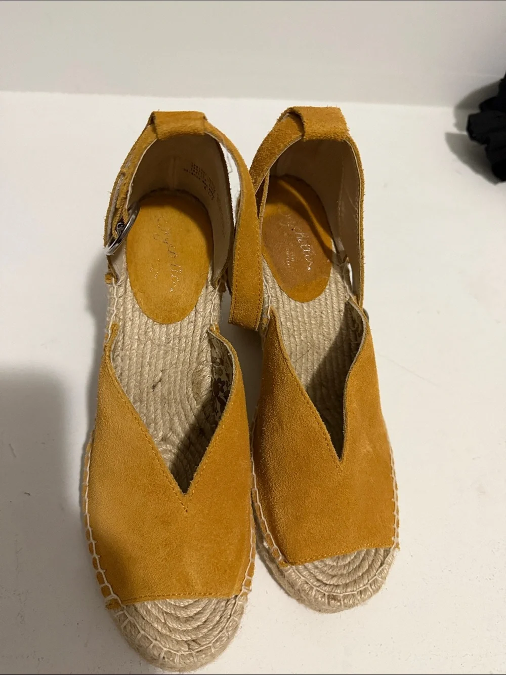 Women's Mustard Suede Espadrille Wedge Sandals